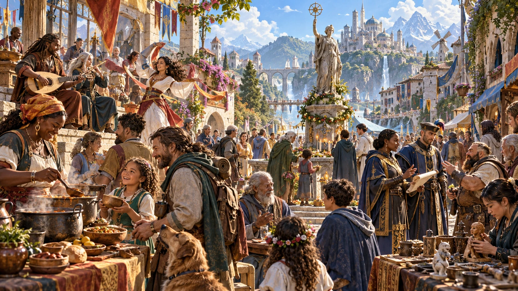 Fantasy illustration of diverse neighbours sharing food, music and conversation in a public square