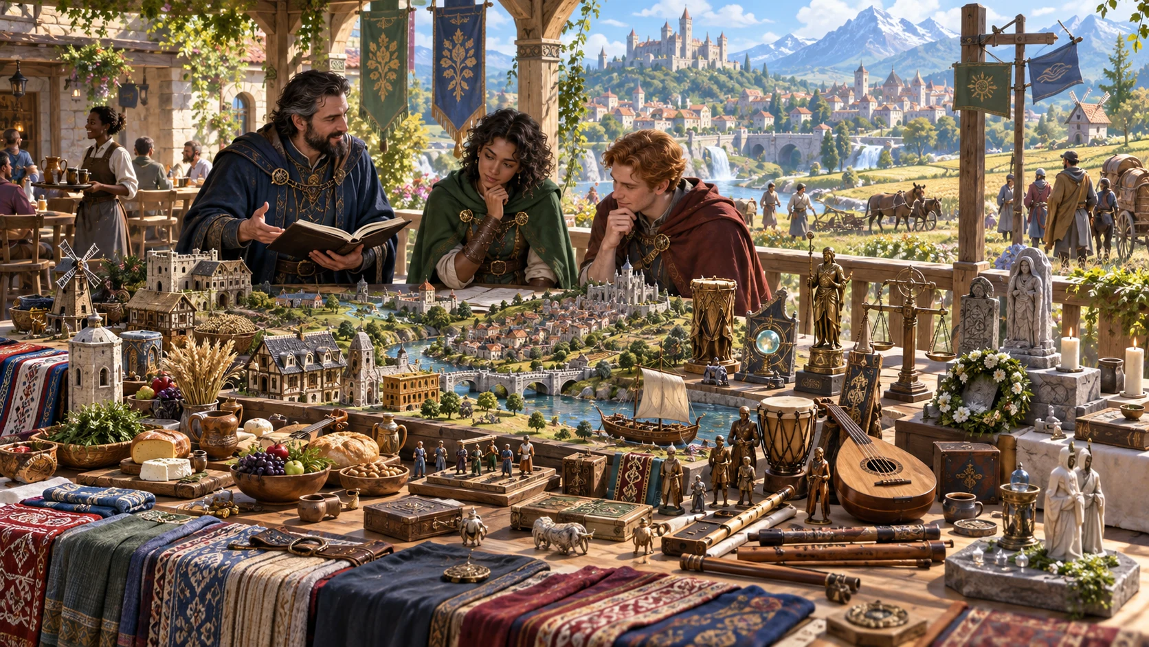Fantasy illustration of a cultural guide beside miniature settlements, food, textiles and civic objects