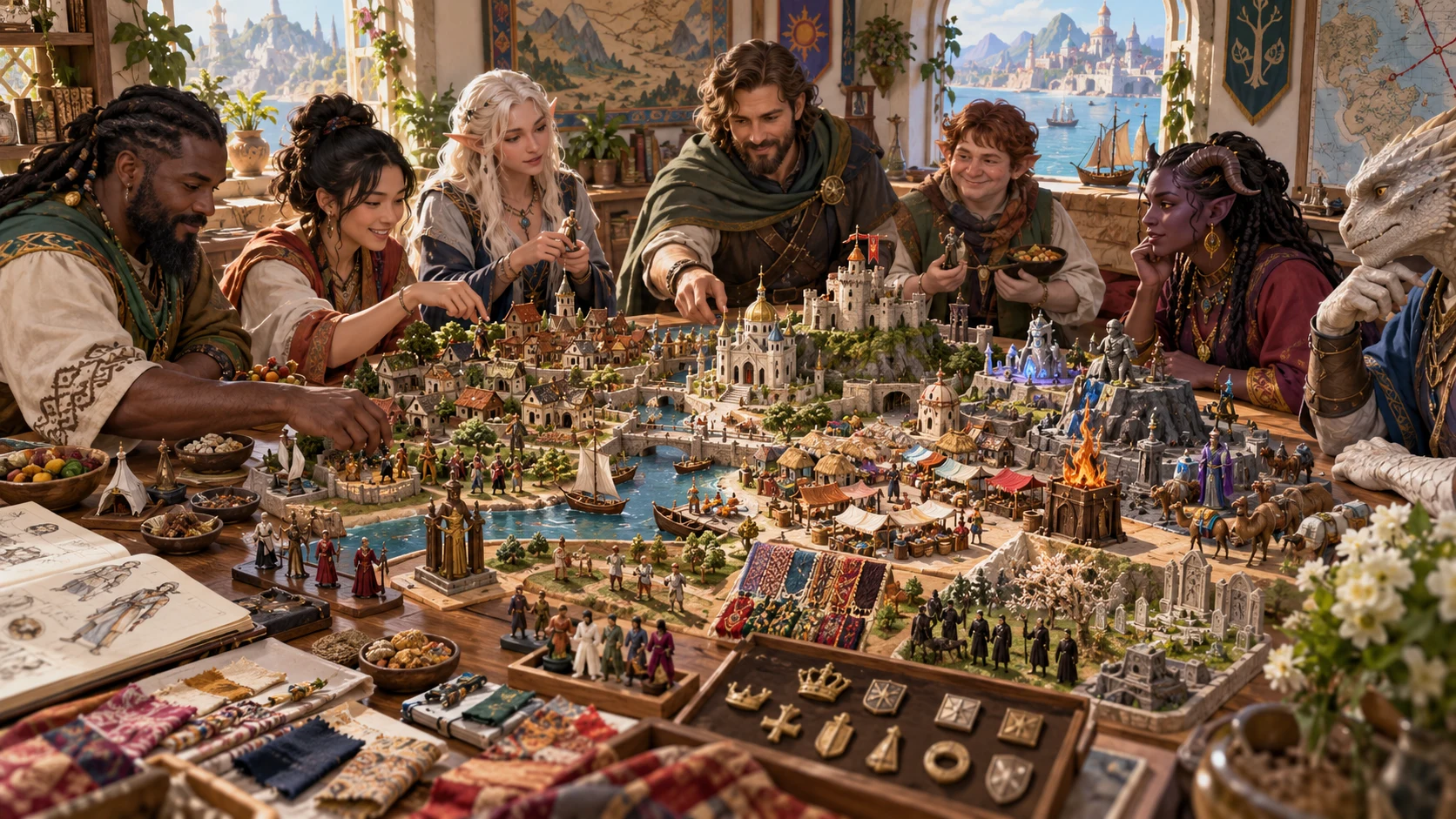 Fantasy illustration of a tabletop group arranging a miniature society and its everyday objects